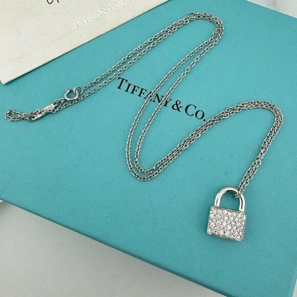 RARE Tiffany & Co. 18k Pave Diamond Padlock Necklace White Gold