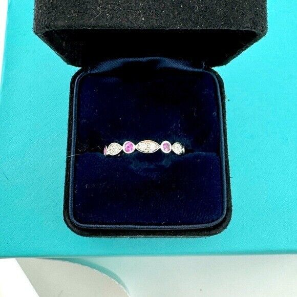 RARE Tiffany & Co. Diamond Jazz Band Ring Platinum with Pink Sapphire 6.75