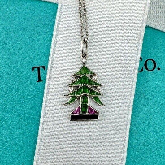 RARE Tiffany & Co. Platinum Christmas Tree Charm Necklace 16"