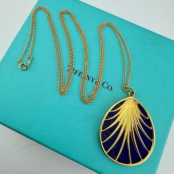 RARE Tiffany & Co. Lapis Lazuli Villa Paloma Palm Necklace 18k Yellow Gold 30"