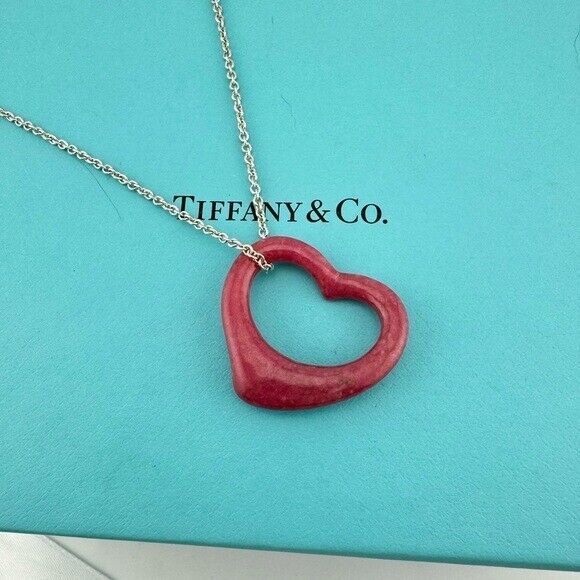 RARE Tiffany & Co. 27mm Pink Rhodonite Open Heart Pendant Necklace 18"