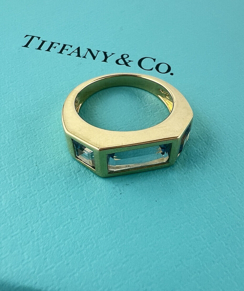 Tiffany & Co. Paloma's Studio Baguette Three-stone Ring Blue Topaz 18k Gold
